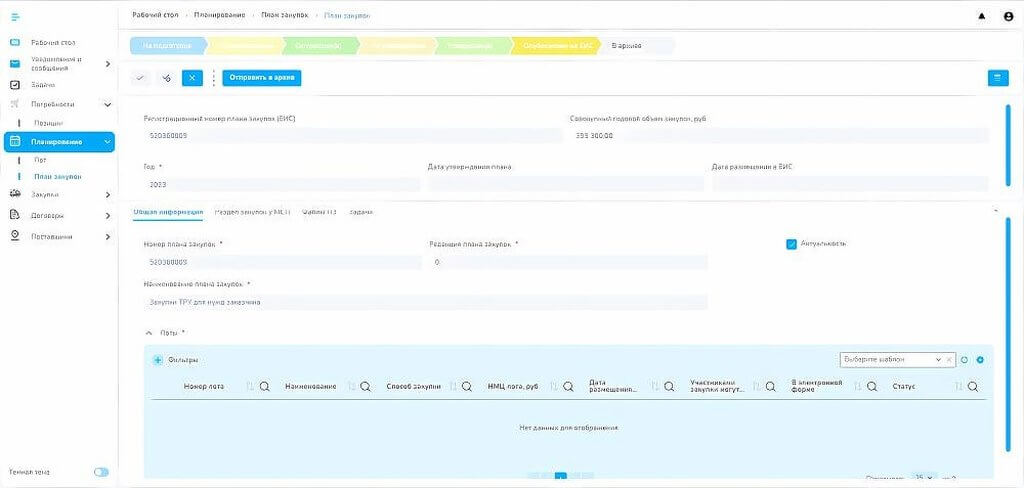 Интерфейс плана закупок в low-code платформе NBT